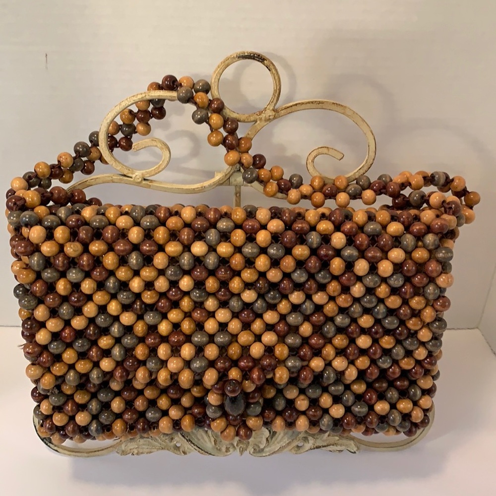 VTG HANDMADE WALBORG/JAPAN HAND BAG/PURSE WOODEN BEADS IN BROWN/CARMEL/GRAY